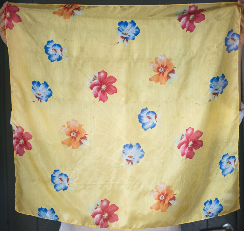 Yellow Lemon Silk Scarf Square Flowers 70s Floral Red Blue | Etsy