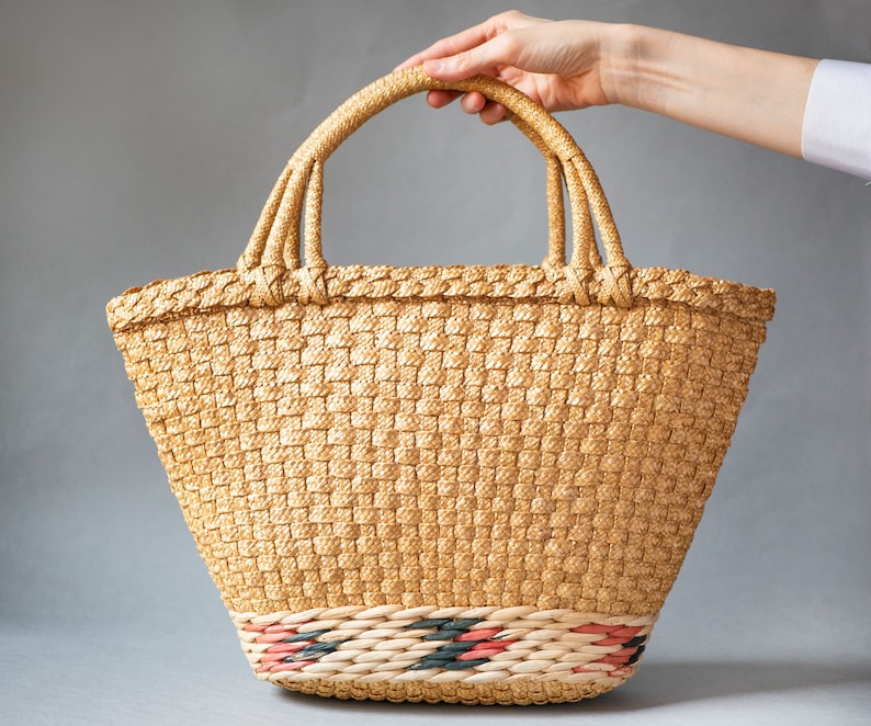 Embellished Straw bag vintage floral pattern beach bag sandy shade. Retro tote bag for women Italy. Boho hippie bag. Handmade summer bag image 3