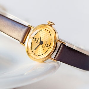 Vintage Zaria Women&#39;s Watch: Gold Plated, Striped Dial, New Leather Strap