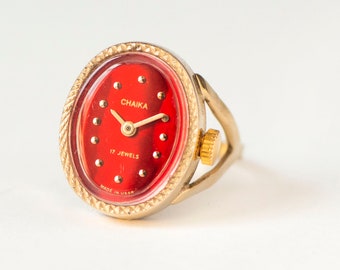 Women watch ring red CHAIKA. Gold shade vintage ring for women timepiece. Vintage jewelry oval red ring size N. Gift watch on finger women