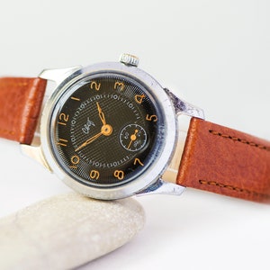 Rare men&#39;s watch vintage Light Svet. Black face unisex watch retro. Shockproof tomboy watch. Boyfriend watch 60s gift. Premium leather strap