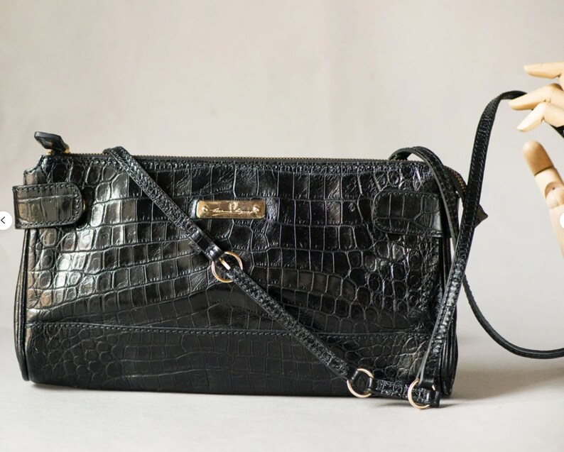 Vintage Bag Black Croco Pattern Black Genuine Leather. Women Etsy