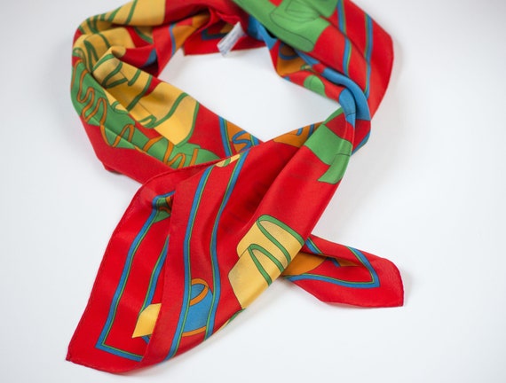 Ribbons pattern silk scarf color Block. 90s pure … - image 4