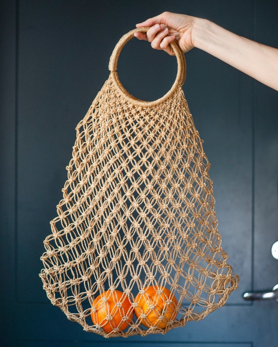 Macrame bag vintage sandy shade. Beige jute shopp… - image 1