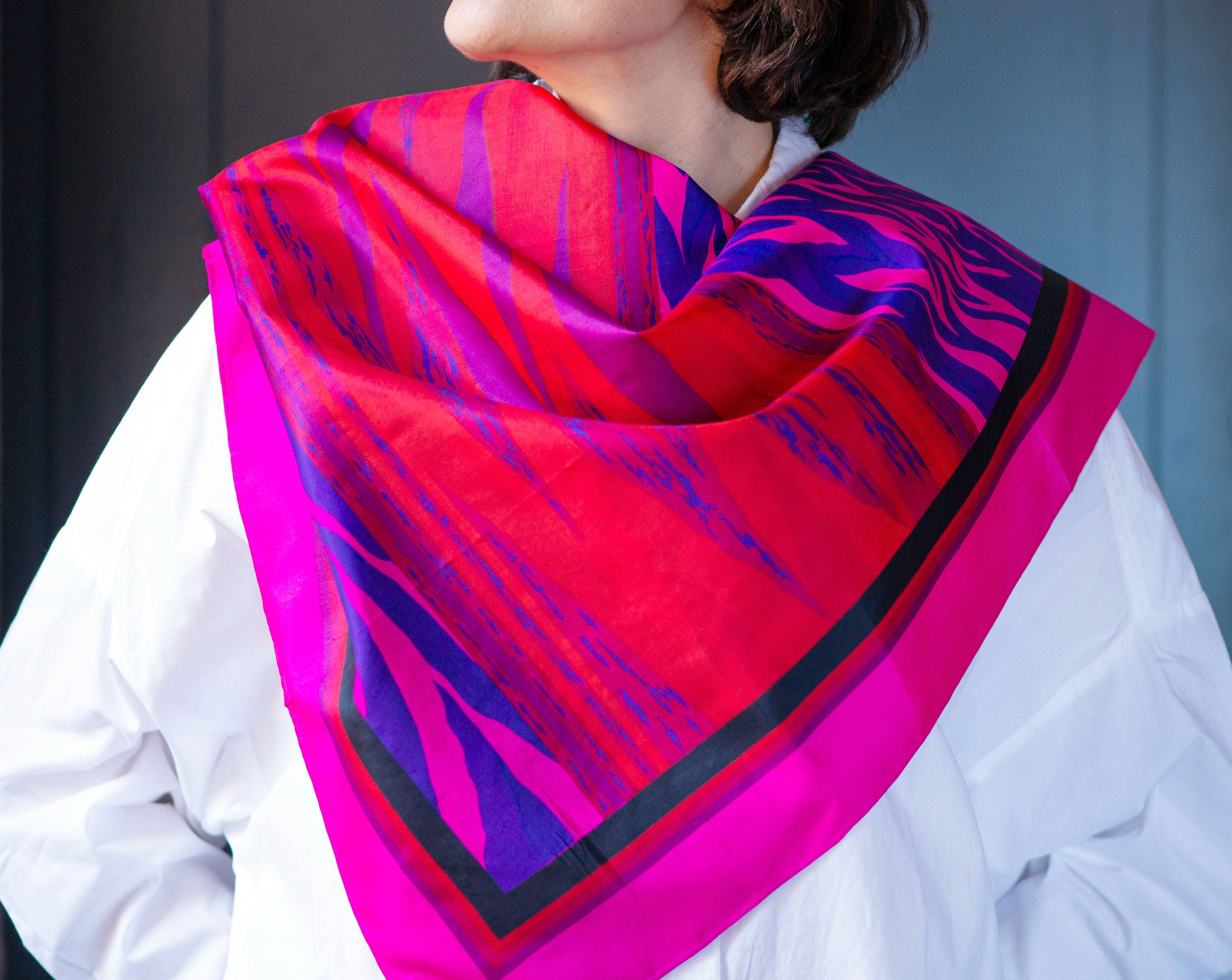 Vintage 90s Zebra Print Thai Silk Scarf: Fuchsia Pink & Red