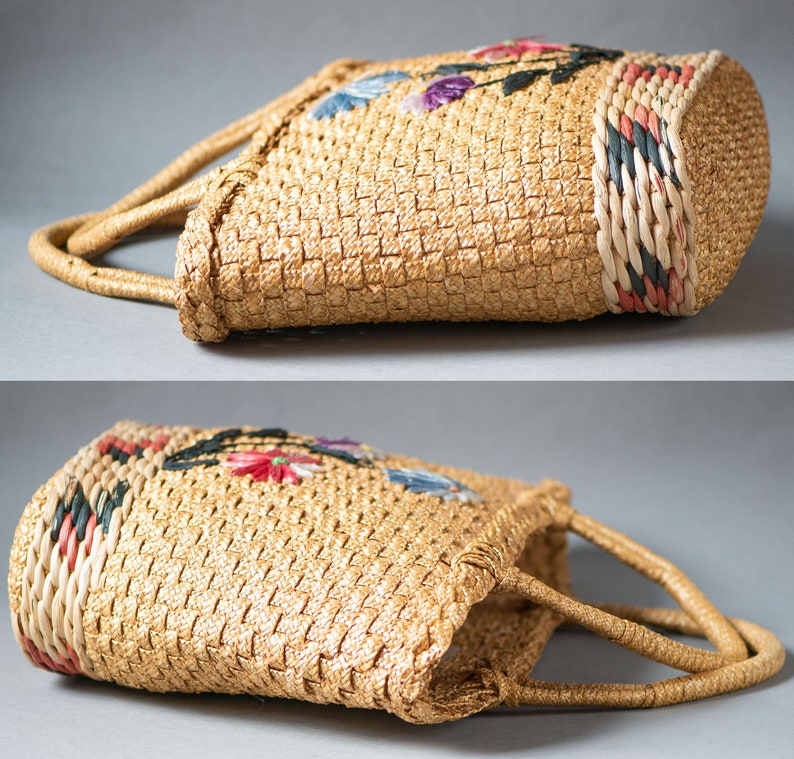Embellished Straw bag vintage floral pattern beach bag sandy shade. Retro tote bag for women Italy. Boho hippie bag. Handmade summer bag image 4