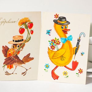 Set di 2 cartoline d'auguri d'epoca sovietiche - passero, anatra, cartoline gialle per bambini vuote - cartoline russe per bambini, uccelli divertenti