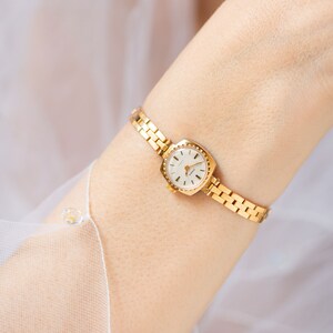 Cocktail watch for women gold plated vintage accessory CHAIKA. Classic bride watch jewellery limited edition Tiny bracelet timepiece gift image 2