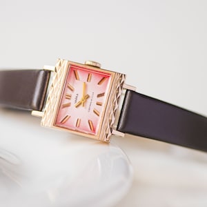 Vintage 14K Gold Chaika Watch: Pink Face, Geometric Square USSR Wristwatch