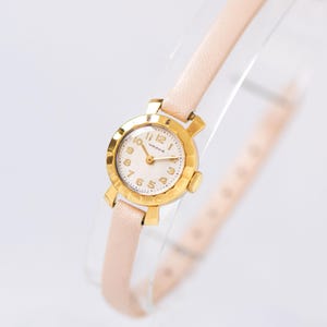 Tiny little women watch CHAIKA gold plated. Classic dainty watch for lady jewelry gift. Delicate girl&#39;s watch. New premium leather band