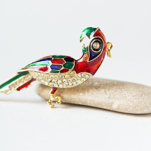 Parrot Brooch Gold Shade Vintage. Red green tropical bird glass Rhinestones brooch. Bird Enamel Costume Jewellery Lapel Brooch Lovebird Gift