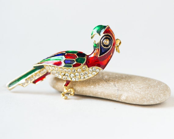 Ciondolo A Forma Di Pappagallo, Smalto, Strass, Ciondolo A Forma