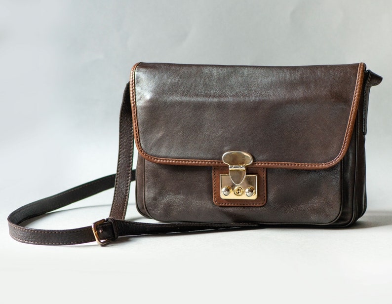 Soft Leather Crossbody Bag for Lady Dark Brown. Vintage Minimalist Shoulder Bag Genuine Leather. Saddle Bag City Fashion 90s W. Germany Gift image 4