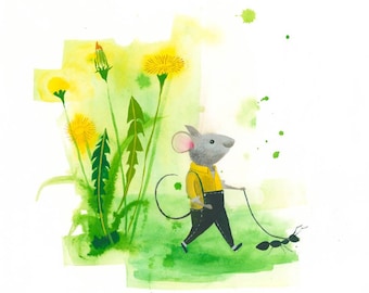 Cute Animal Print. Mouse on a Walk. Playful Illustration. Kids Print. Limited Edition Fine Art Giclee Print.