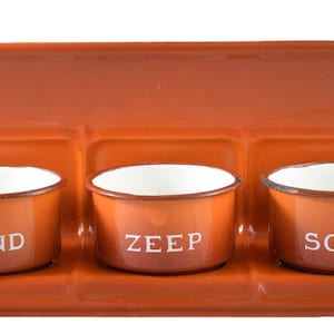 Lavandaria de cozinha antiga holandesa vintage &quot;zand zeep soda&quot; esmalte laranja esfumaçado