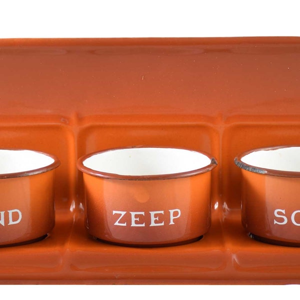 Vintage Dutch antique kitchen laundry rack "zand zeep soda"  smoky orange enamel