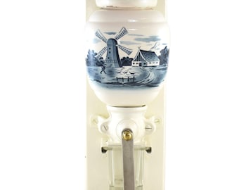 Vintage Dutch wall coffee grinder with blue windmill decoration