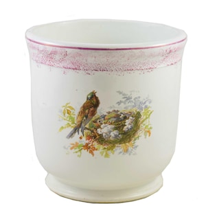 Op de afbeelding: Witte keramische plantenbak met een roze rand en een geschilderd beeld van een vogel in een nest met jonge vogels.