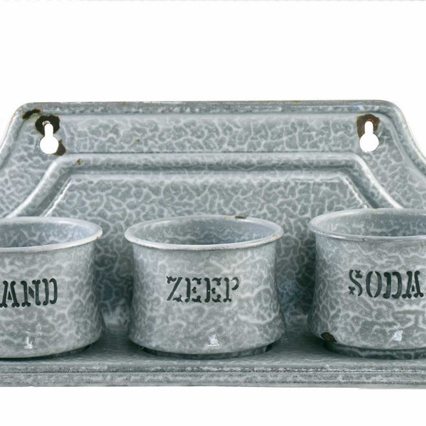 Vintage Dutch antique kitchen laundry rack "zand zeep soda"  grey graniteware enamel