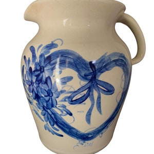 Vintage Farmhouse Stoneware Pitcher w/Blue Painted Heart Handpainted Pottery Ready to Ship