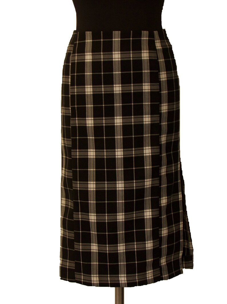 Wool Plaid Calf Length Skirt with a Slit Black and White Etsy