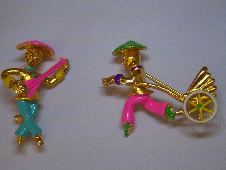 Vintage Asian Pins Rickshaw Pin. Mandolin Pin Set Of Two Enamel Pins