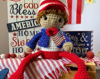 Patriotic Boy Crochet Pattern PDF – 4th of July Amigurumi Shelf Sitter – Beginner Friendly Low Sew USA Decor – Independence Day Toy