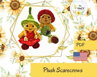 May include: Two crocheted plush scarecrows featuring yarn hair and detailed outfits. One scarecrow wears a green pointed hat and red dress, while the other wears a red hat and green overalls. The image includes the text PDF and Plush Scarecrows.