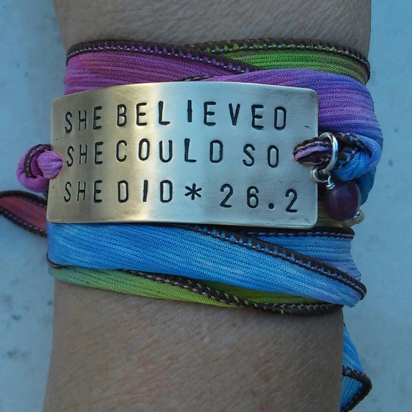 Marathon Bracelet, Running Gift, She Believed She Could So She Did Bracelet, Personalized Silk Ribbon Marathon Jewelry