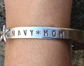 Military Cuff Bracelet , Military Wife Or Military Mom Bracelet Hand Stamped Metal Cuff Personalized Military Jewelry
