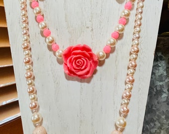 Pop of Color Pink Lucite Rose Pearl Necklace Set