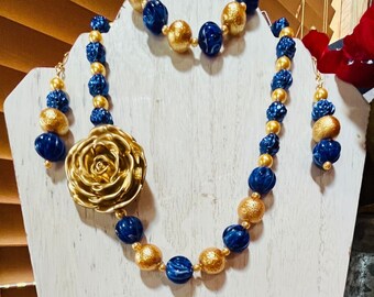 Gold Lucite Rose Blue Rose Beads College Game Day Set