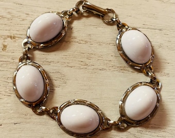 Reproduction Vintage White Glass Cabochon Bracelet Tennis Silver Links