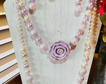 Lilac Lucite Rose Pearl Beaded Jewelry Set
