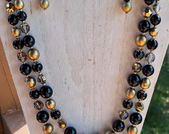 VENDOME Vintage Burnished Gold Black Glass AB Aspirin Beads Double Strand Necklace Set