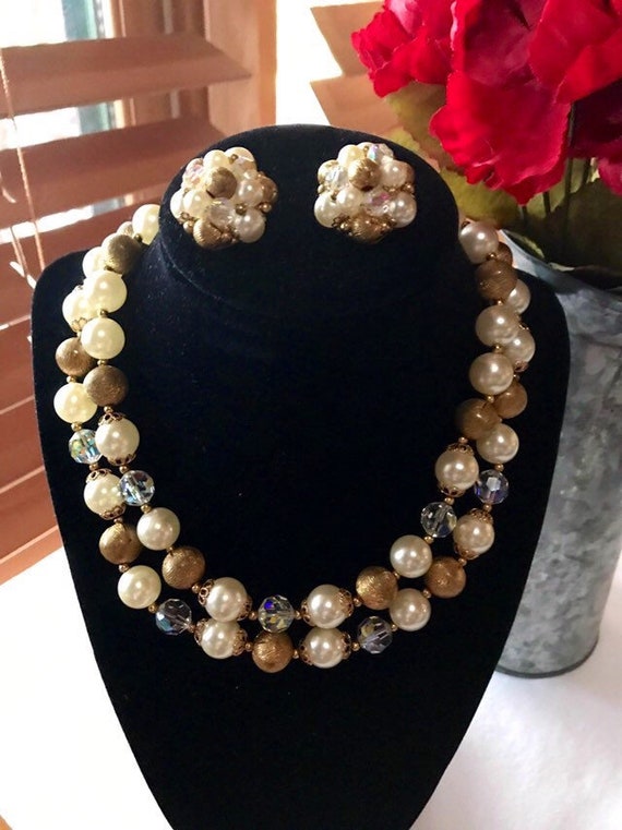 LISNER Vintage Burnished Gold and Faux Pearl Doubl