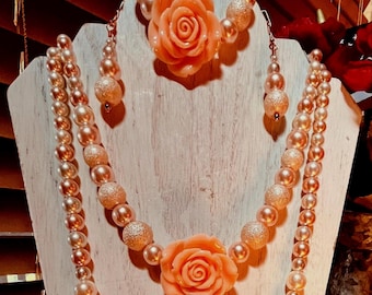 Georgia Peach Lucite Rose Beaded Pearl Necklace Set