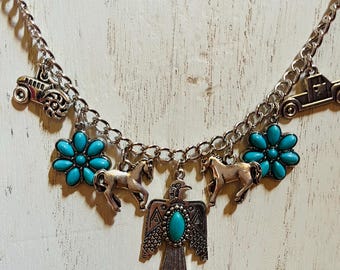 Cowgirl Turquoise Western Thunderbird Charm Necklace Earring Set
