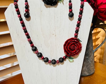 Wine Red Lucite Rose Black Beaded Date Night Necklace Set