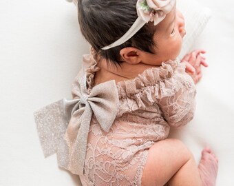 Newborn girl photo outfit lace romper photo props  romper set, girl newborn photography props baby girl open back long sleeve neutral props