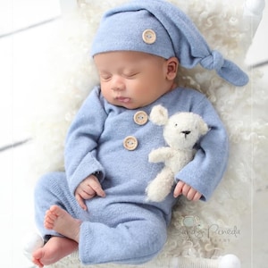 Newborn boy photo outfit, Romper Baby boy photo overall, Romper and hat photo props, baby boy photography props, knot hat gray blue green light blue