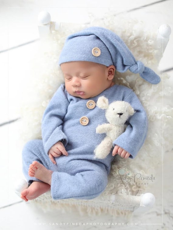 Newborn boy photo outfit, Romper Baby boy photo overall, Romper and hat photo props, baby boy  photography props, knot hat gray blue green