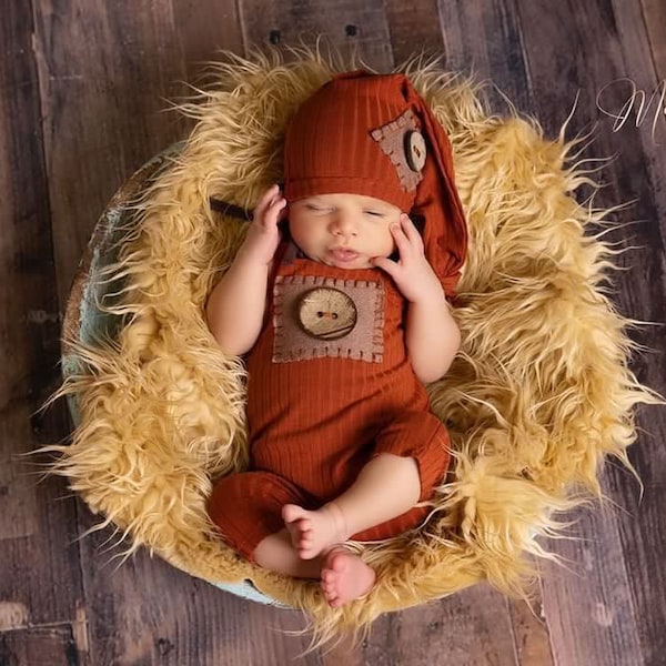 Newborn boy photo outfit, fall colors Baby boy photo overall, photo session Romper and hat ,photography props, mustard, terracotta, orange