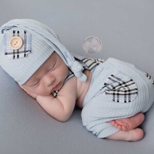 Newborn boy photo outfit newborn photography pants set with suspenders and hat, infant photo shoot, newborn props two piece ready to ship! image 5