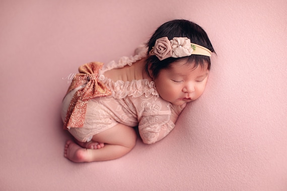 Newborn Lace Romper Photo Prop Outfit with Headband peach