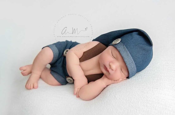 Newborn boy photo outfit denim baby boy pants with suspenders and hat baby body prop newborn photography prop ready to ship!