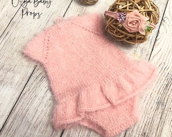 Knitted romper soft  pink bodysuit newborn girl photography props, newborn photo sessions, knit onesie, baby girl