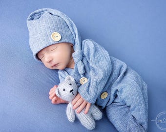 Newborn boy photo outfit,newborn boy photography, romper and hat add pom pom , baby boy photo props,photo outfit, boy overalls for pictures