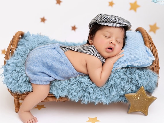Newborn boy romper and hat props baby boy photo outfit denim blue romper with suspenders and hat newborn photography prop ready to ship!