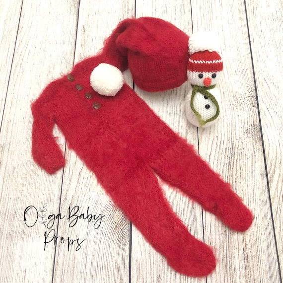 Baby photo outfit, Newborn Christmas pajama, newborn photo outfit girl boy, Christmas photo props, red and white knit footed romper and hat